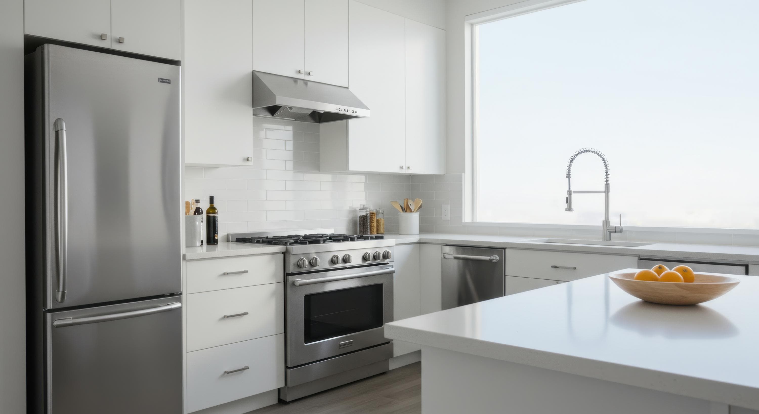 Refrigerator and oven in a roomy and white kitchen