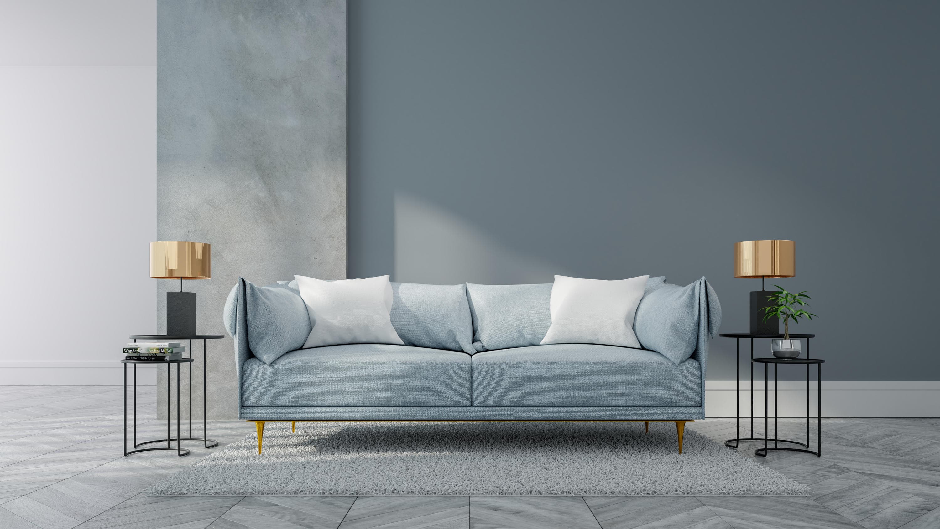 Large blue sky couch in the middle of a living room